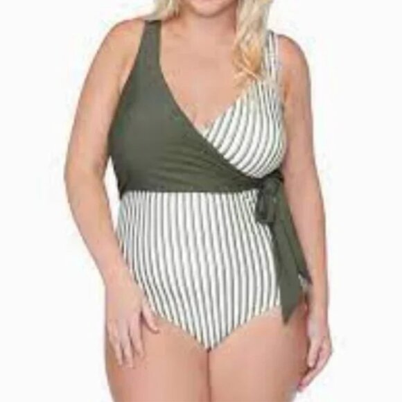 Raisins Curve NWT Bahia Rosalie Faux Wrap Striped One-Piece Swimsuit, Size 16W - Picture 3 of 5